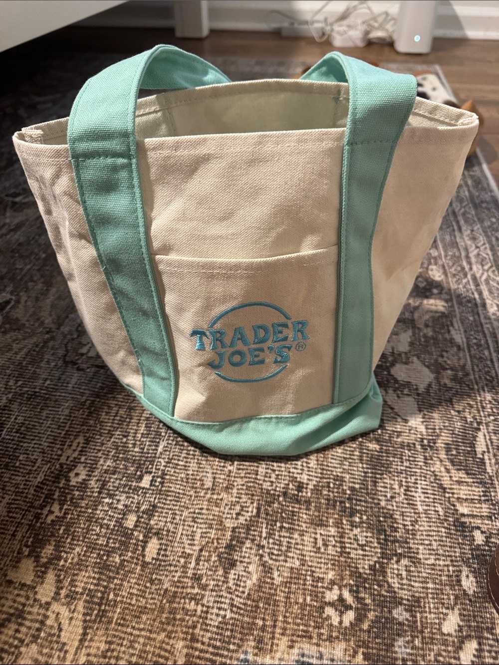 Trader Joe’s mini Canvas Tote Bag in Cream and Mint